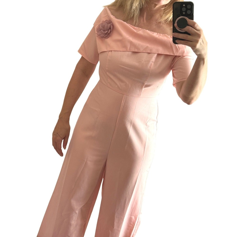 Pink Off The Shoulder Wide Leg Jumpsuit Floral Applique Formal Wedding Guest